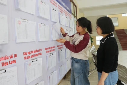 Cử tri phường Tam Sơn, tỉnh Bắc Ninh tìm hiểu danh sách cử tri bầu cử. (Ảnh: Thanh Thương/TTXVN)