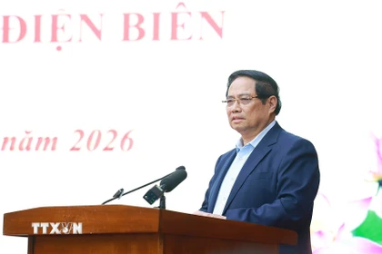 Thủ tướng Phạm Minh Chính phát biểu chỉ đạo tại cuộc làm việc với lãnh đạo tỉnh Điện Biên về tình hình phát triển kinh tế-xã hội của tỉnh. (Ảnh: Dương Giang/TTXVN)