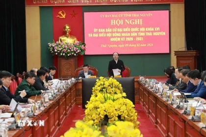 Ủy ban bầu cử tỉnh Thái Nguyên tổ chức hội nghị đánh giá tình hình triển khai công tác bầu cử các cấp. (Ảnh: Trần Trang/TTXVN)