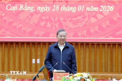 Tổng Bí thư Tô Lâm phát biểu tại buổi làm việc với Ban Chấp hành Đảng bộ tỉnh Cao Bằng. (Ảnh: Thống Nhất/TTXVN)
