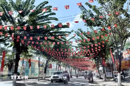 Cờ, băngrôn tuyên truyền dọc các tuyến đường trên địa bàn xã Tri Tôn, An Giang. (Ảnh: Thanh Sang/TTXVN)