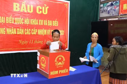 Cử tri bản Co Phạt, xã Môn Sơn (Nghệ An) bỏ phiếu bầu đại biểu Quốc hội khóa XVI và đại biểu HĐND các cấp nhiệm kỳ 2026-2031. (Ảnh: Văn Tý/TTXVN)