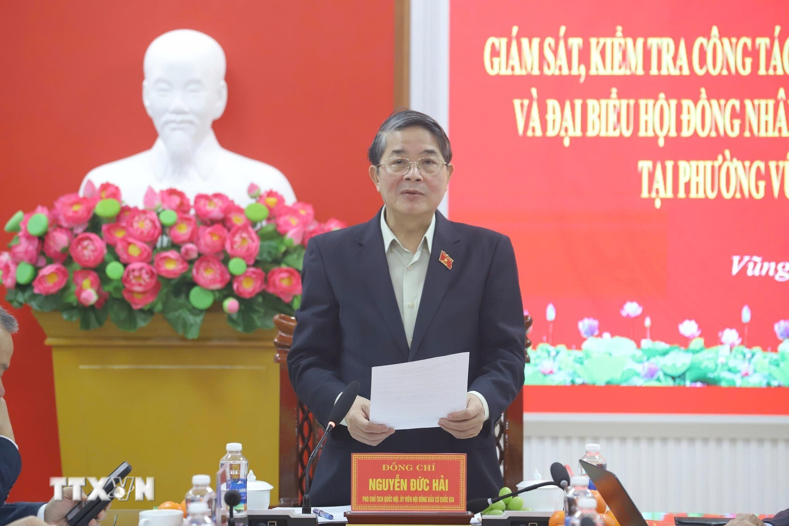 Phó Chủ tịch Quốc hội Nguyễn Đức Hải phát biểu tại buổi làm việc với tỉnh Hà Tĩnh về công tác bầu cử. (Ảnh: TTXVN phát)