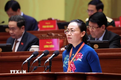 Đồng chí Lê Ngọc Hân, Tỉnh ủy viên, Bí thư Đảng ủy, Chủ tịch Hội đồng Nhân dan đặc khu Cô Tô (Quảng Ninh) trình bày tham luận “Bảo vệ môi trường, thích ứng với biến đổi khí hậu - Trụ cột chiến lược trong phát triển bền vững của kỷ nguyên mới nhìn từ thực tiễn đặc khu Cô Tô, tỉnh Quảng Ninh. (Ảnh: TTXVN)