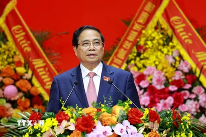 Đồng chí Phạm Minh Chính, Ủy viên Bộ Chính trị, Bí thư Đảng ủy, Thủ tướng Chính phủ phát biểu bế mạc Đại hội. (Ảnh: Văn Điệp/TTXVN)