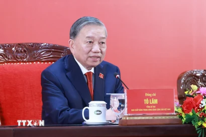 Tổng Bí thư Tô Lâm chủ trì buổi họp báo. (Ảnh: TTXVN)