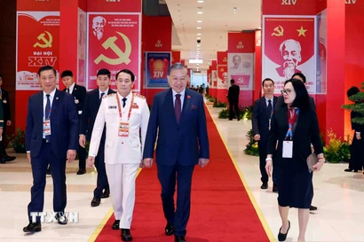 Tổng Bí thư Tô Lâm đến Trung tâm Hội nghị Quốc gia (Hà Nội). (Nguồn: TTXVN)