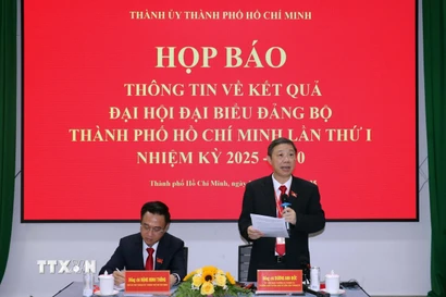 Quang cảnh buổi họp báo. (Ảnh: Tiến Lực/TTXVN)