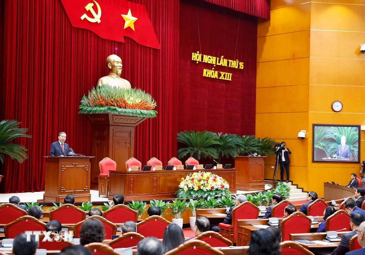 Tổng Bí thư Tô Lâm phát biểu bế mạc Hội nghị lần thứ 15 Ban Chấp hành Trung ương khóa XIII. (Ảnh: Doãn Tấn/TTXVN)