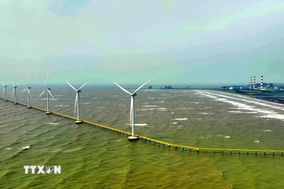 Các turbin gió tại Nhà máy điện gió Hàn Quốc-Trà Vinh. (Ảnh: Vũ Sinh/TTXVN)