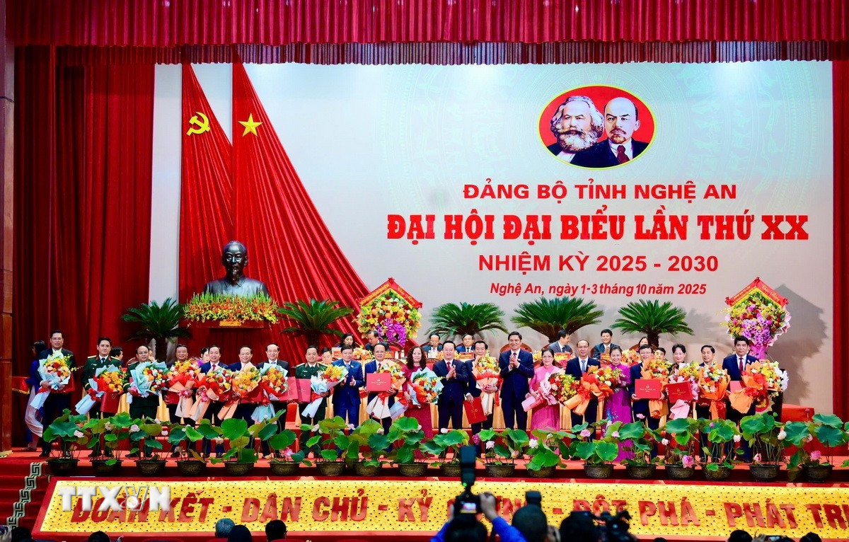 Thường trực Tỉnh ủy Nghệ An tặng hoa chia tay các đồng chí trong Ban chấp hành thôi nhiệm vụ. (Ảnh: Trịnh Duy Hưng/TTXVN)