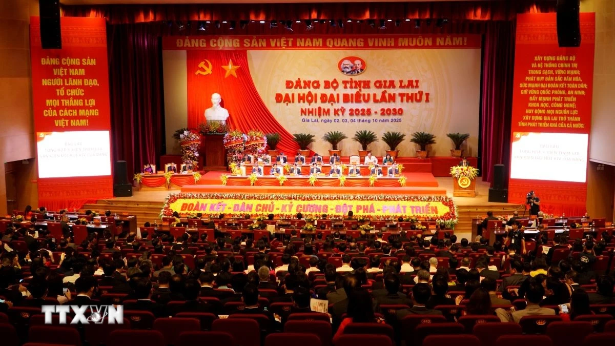 Lễ bế mạc Đại hội đại biểu Đảng bộ tỉnh Gia Lai lần thứ nhất, nhiệm kỳ 2025-2030. (Ảnh: Đình Quân/TTXVN)