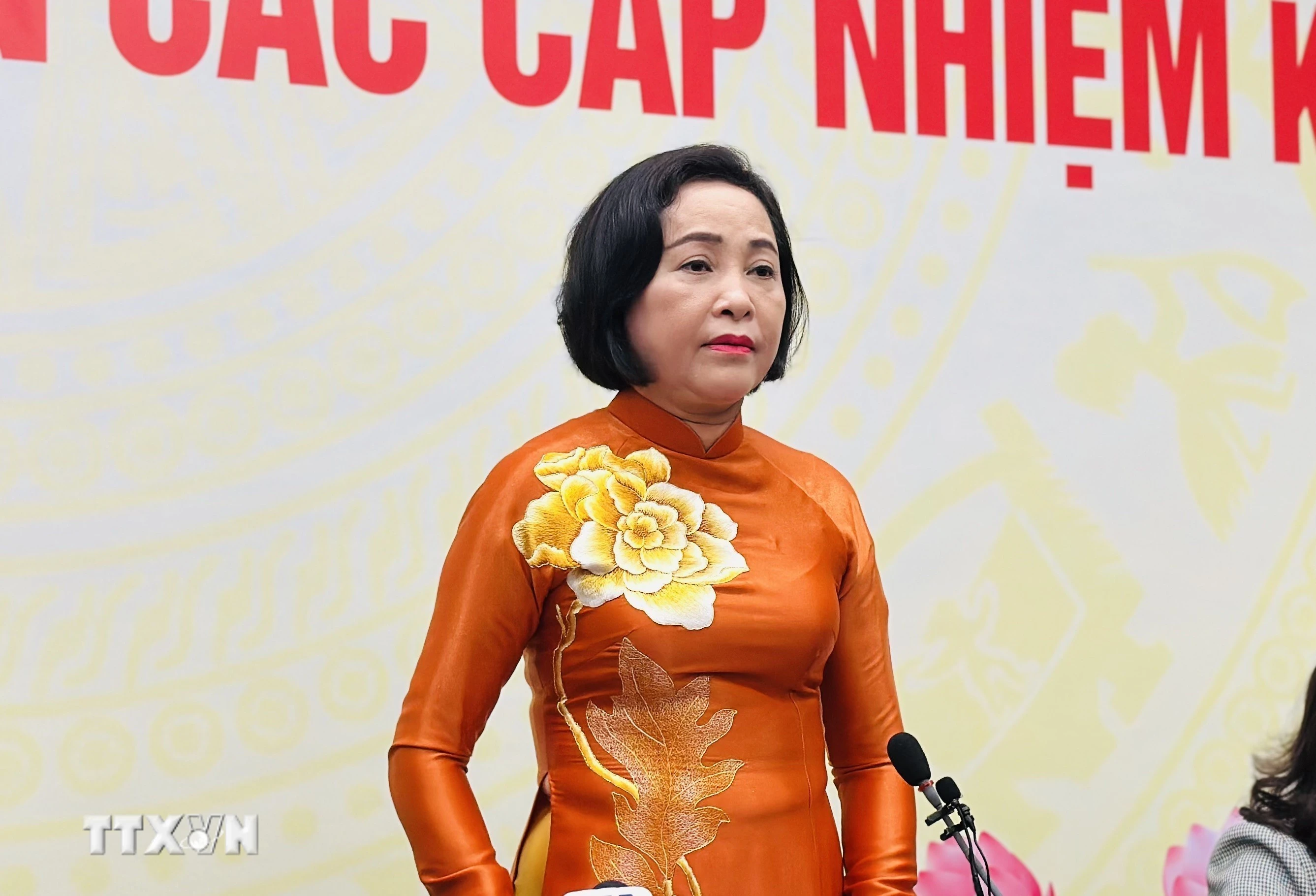 Phó Chủ tịch Quốc hội Nguyễn Thị Thanh, Ủy viên Hội đồng Bầu cử quốc gia thông tin về tình hình, tiến độ cử tri tham gia bỏ phiếu. (Ảnh: Việt Đức/TTXVN)