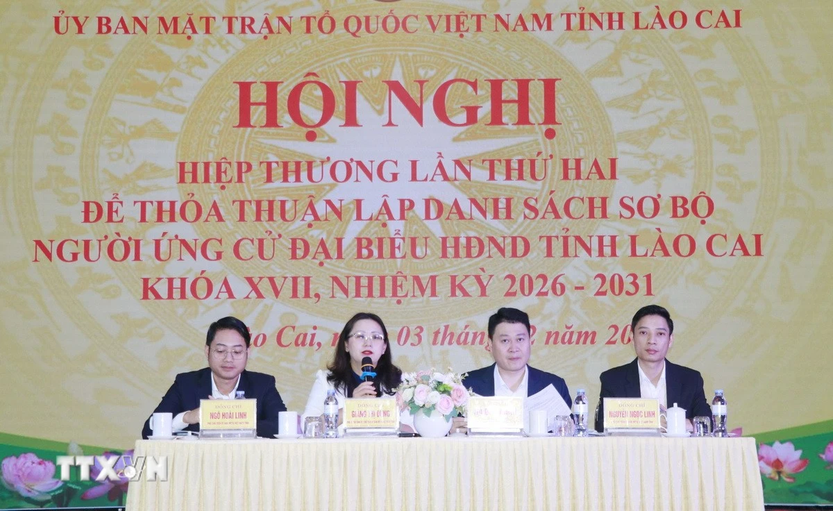 Ủy ban Mặt trận Tổ quốc Việt Nam tỉnh Lào Cai tổ chức Hội nghị Hiệp thương lần thứ 2 để thỏa thuận lập danh sách sơ bộ người ứng cử đại biểu Quốc hội khóa XVI và Hội đồng Nhân dân tỉnh Lào Cai khóa XVII, nhiệm kỳ 2026-2031. (Ảnh: TTXVN phát)