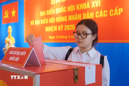 Nhân viên Bệnh viện Quân y 175, TP.Hồ Chí Minh bỏ phiếu tại điểm bầu cử số 055 phường Hạnh Thông đặt tại Bệnh viện Quân y 175. (Ảnh: Đinh Hằng/TTXVN)