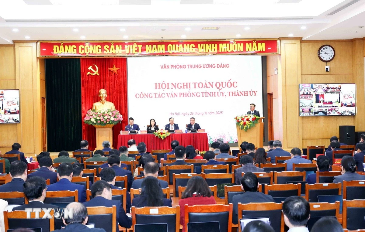 Toàn cảnh Hội nghị toàn quốc công tác Văn phòng tỉnh ủy, thành ủy năm 2025. (Ảnh: Phương Hoa/TTXVN)