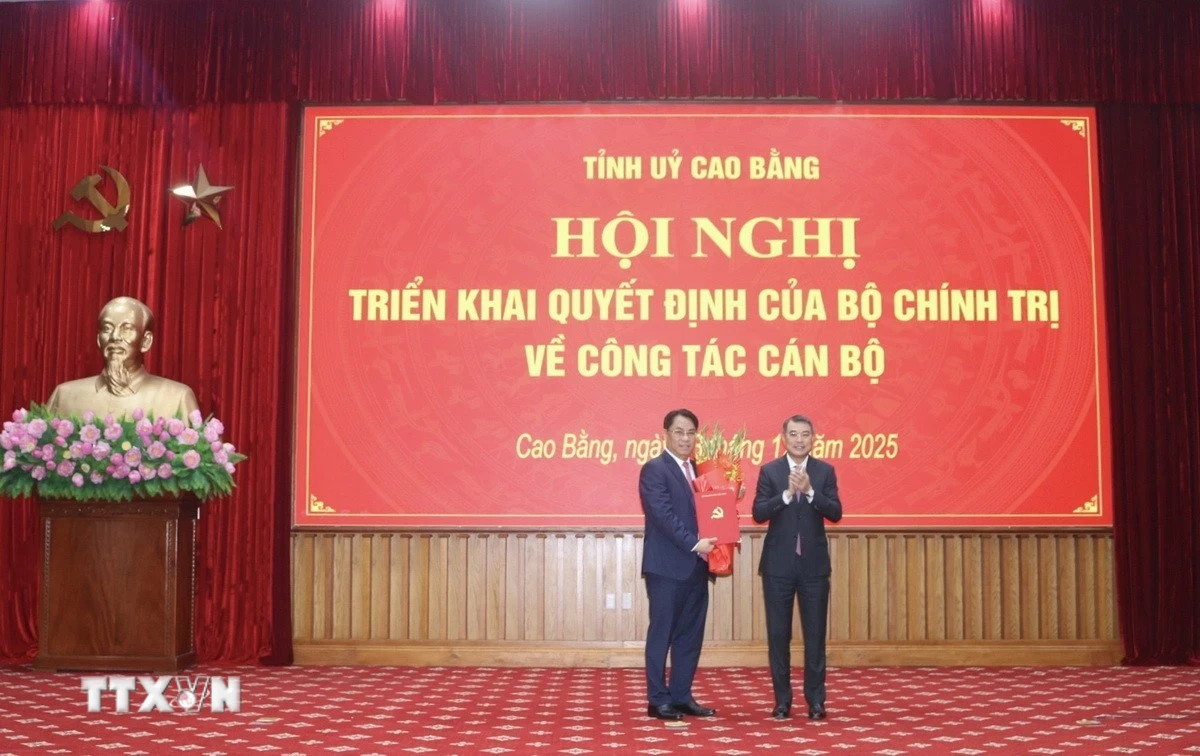 Ủy viên Bộ Chính trị, Trưởng Ban Tổ chức Trung ương Lê Minh Hưng trao Quyết định và chúc mừng tân Bí thư Tỉnh ủy Cao Bằng. (Ảnh: Chu Hiệu/TTXVN)