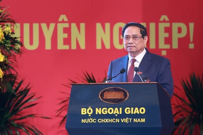 Thủ tướng Phạm Minh Chính phát biểu chỉ đạo tại Đại hội đại biểu Đảng bộ Bộ Ngoại giao lần thứ I, nhiệm kỳ 2025-2030. (Ảnh: Dương Giang/TTXVN)