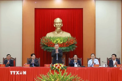 Tổng Bí thư Tô Lâm, Trưởng Tiểu ban Văn kiện Đại hội XIV của Đảng phát biểu. (Ảnh: Thống Nhất/TTXVN)