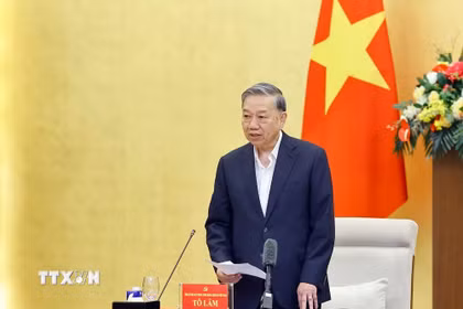 Tổng Bí thư Tô Lâm, Trưởng Đoàn kiểm tra phát biểu ý kiến. (Ảnh: Doãn Tấn/TTXVN)