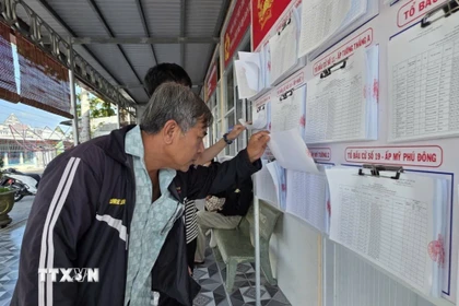 Cử tri xã Vĩnh Thanh, tỉnh Cà Mau tìm hiểu thông tin về cuộc bầu cử, tìm hiểu tiểu sử, chương trình hành động của các ứng cử viên. (Ảnh: TTXVN phát)