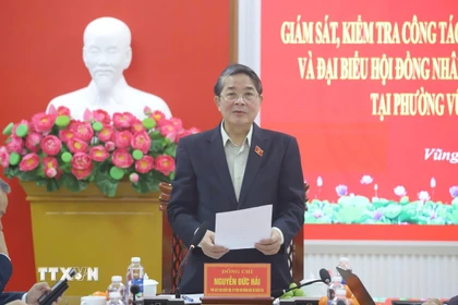 Phó Chủ tịch Quốc hội Nguyễn Đức Hải phát biểu tại buổi làm việc với tỉnh Hà Tĩnh về công tác bầu cử. (Ảnh: TTXVN phát)