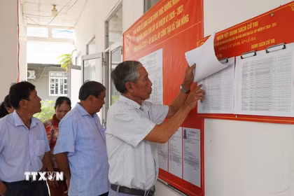 Người dân xem danh sách cử tri được niêm yết tại điểm bỏ phiếu. (Ảnh: Nhựt An/TTXVN)