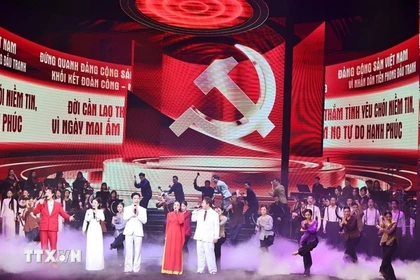 Tiết mục biểu diễn tại Chương trình hòa nhạc chính luận nghệ thuật đặc biệt “Mãi mãi niềm tin theo Đảng” ngày 16/1/2026. (Ảnh: Minh Đức/TTXVN)