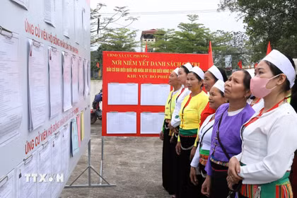 Cử tri thôn Đồng Quân, xã Cúc Phương tìm hiểu về danh sách và tiểu sử những người ứng cử để gửi gắm niềm tin nơi lá phiếu. (Ảnh: Đức Phương/TTXVN)