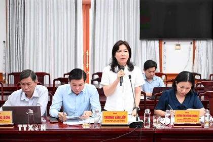 Đại diện Sở Tài chính Tây Ninh phát biểu về công tác chuẩn bị kinh phí phục vụ công tác bầu cử. (Ảnh: Bùi Giang/TTXVN)