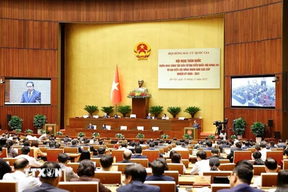 Chủ tịch Quốc hội Trần Thanh Mẫn, Chủ tịch Hội đồng Bầu cử Quốc gia phát biểu khai mạc Hội nghị. (Ảnh: Doãn Tấn/TTXVN)