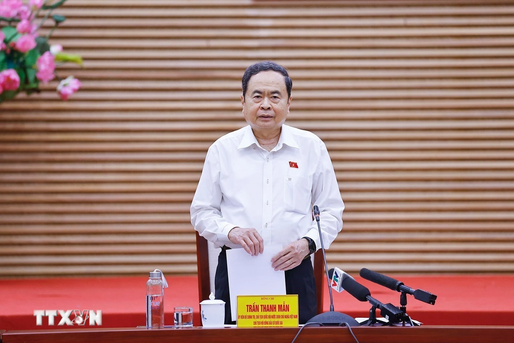 Chủ tịch Quốc hội Trần Thanh Mẫn, Chủ tịch Hội đồng Bầu cử quốc gia, phát biểu. (Ảnh: Doãn Tấn/TTXVN)