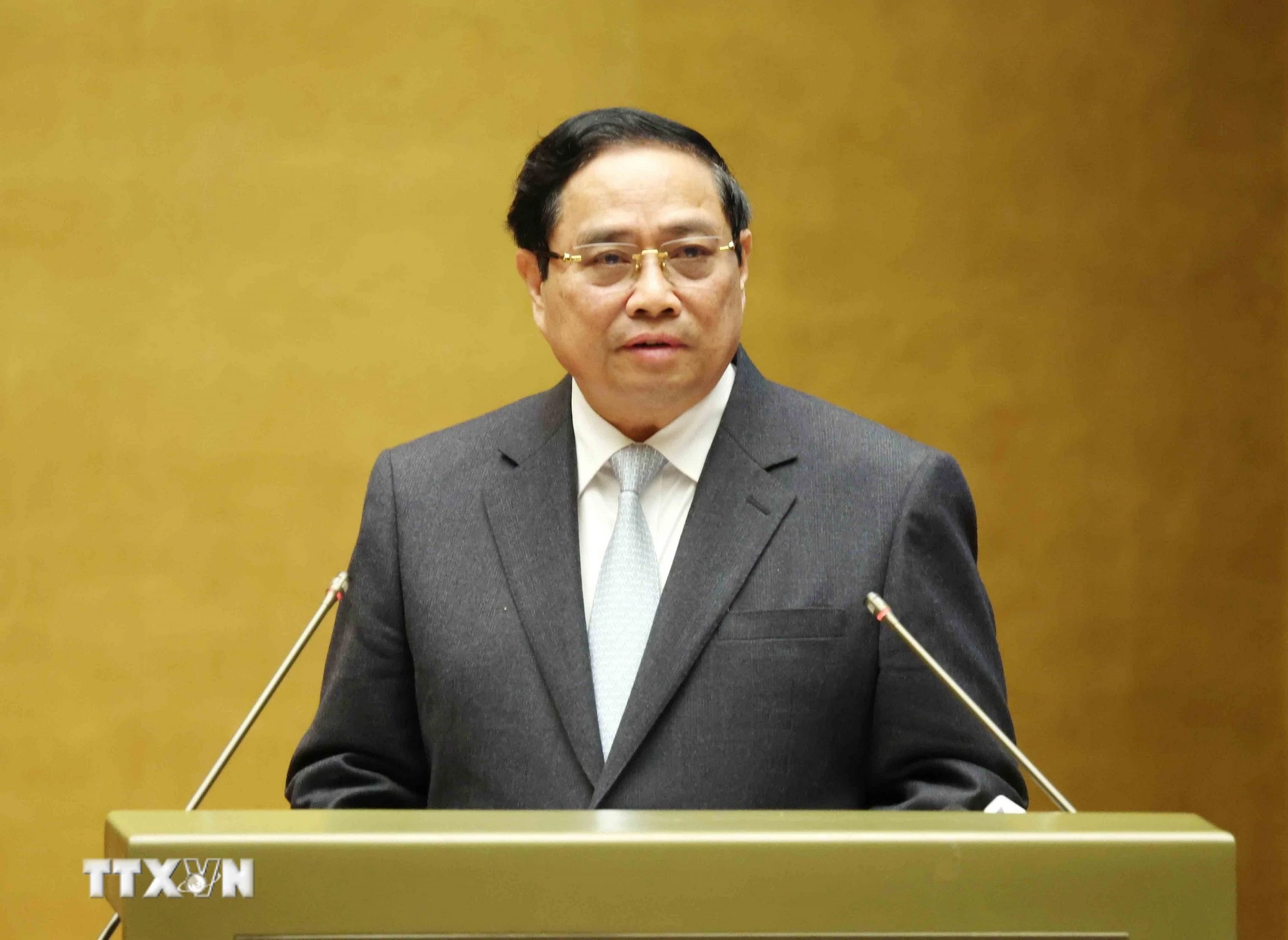 Thủ tướng Phạm Minh Chính giới thiệu Chuyên đề: "Chương trình hành động thực hiện Nghị quyết Đại hội đại biểu toàn quốc lần thứ XIV của Đảng." (Ảnh: Phương Hoa/TTXVN)