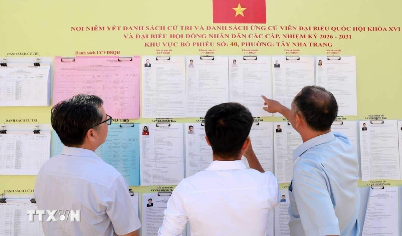 Cử tri khu phố Võ Cang, phường Tây Nha Trang (Khánh Hòa) xem danh sách cử tri niêm yết tại khu vực bỏ phiếu bầu cử. (Ảnh: Xuân Triệu/TTXVN)