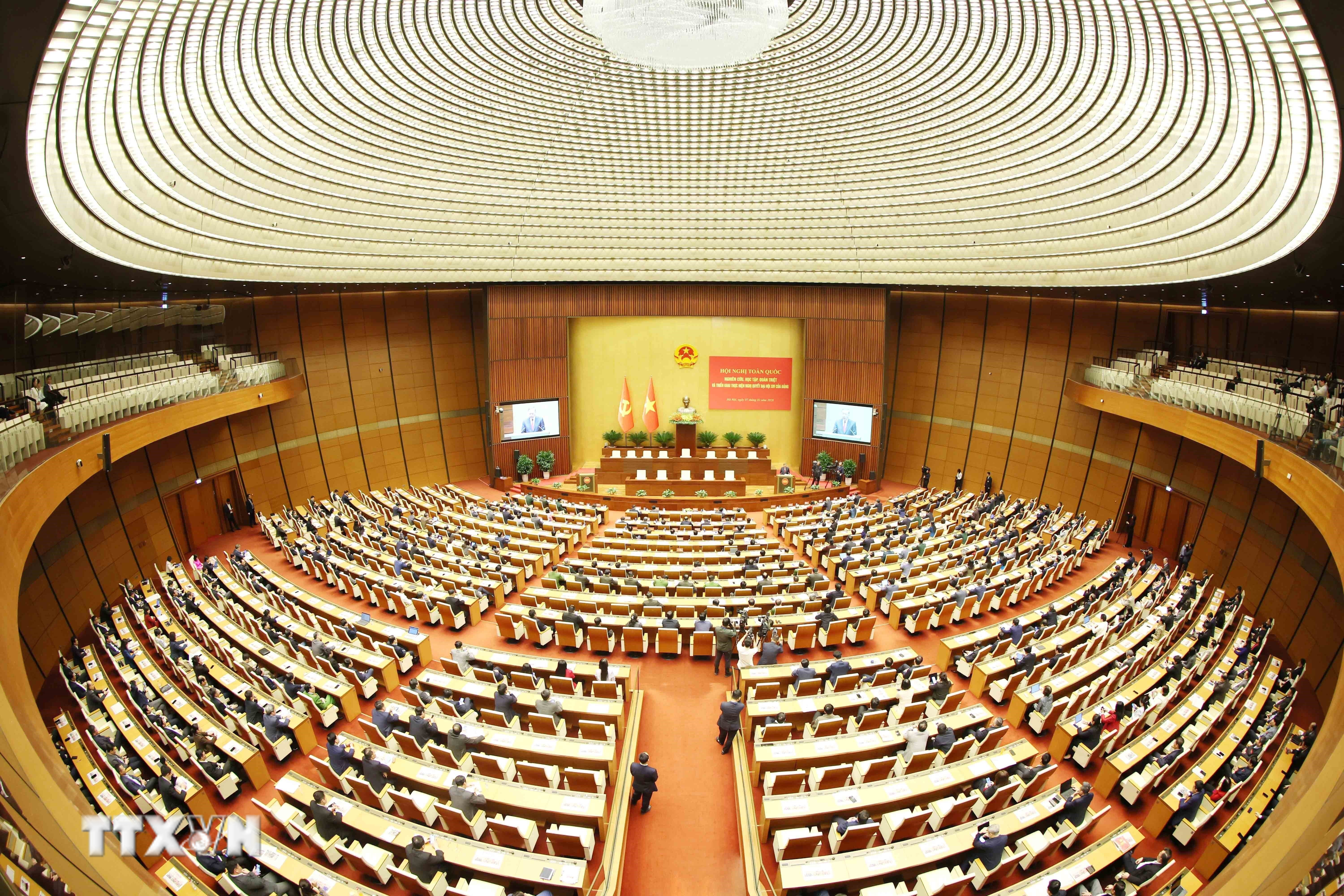 Quang cảnh Hội nghị toàn quốc nghiên cứu, học tập, quán triệt và triển khai thực hiện Nghị quyết Đại hội XIV của Đảng tại điểm cầu chính Hội trường Diên Hồng, Nhà Quốc hội, chiều 7/2. (Ảnh: Phương Hoa/TTXVN)