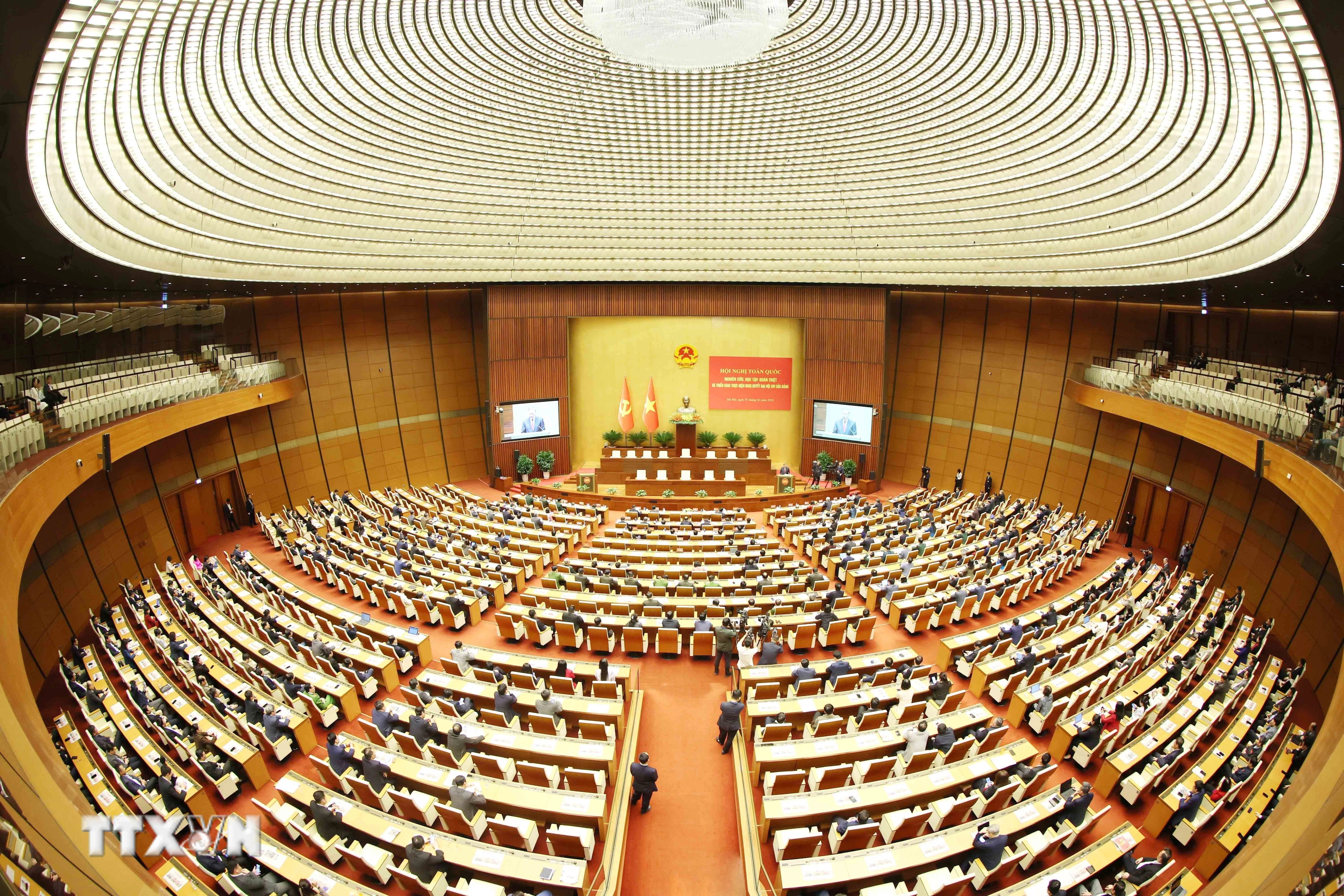 Quang cảnh Hội nghị toàn quốc nghiên cứu, học tập, quán triệt và triển khai thực hiện Nghị quyết Đại hội XIV của Đảng tại điểm cầu chính Hội trường Diên Hồng, Nhà Quốc hội, chiều 7/2. (Ảnh: Phương Hoa/TTXVN)