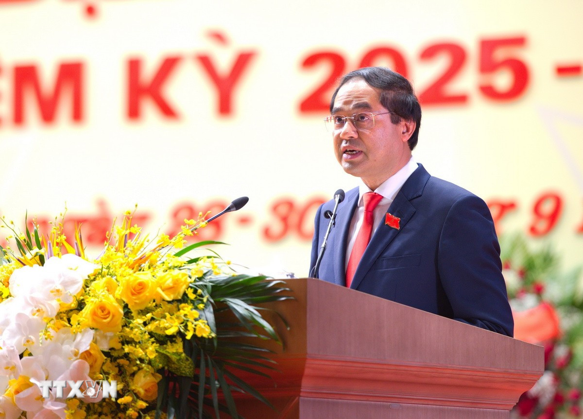 Ông Trịnh Xuân Trường, Bí thư Tỉnh ủy Lào Cai nhiệm kỳ 2020-2025, phát biểu tại Đại hội. (Ảnh: Tuấn Khôi/TTXVN) ttxvn-trinh-xuan-truong.jpg