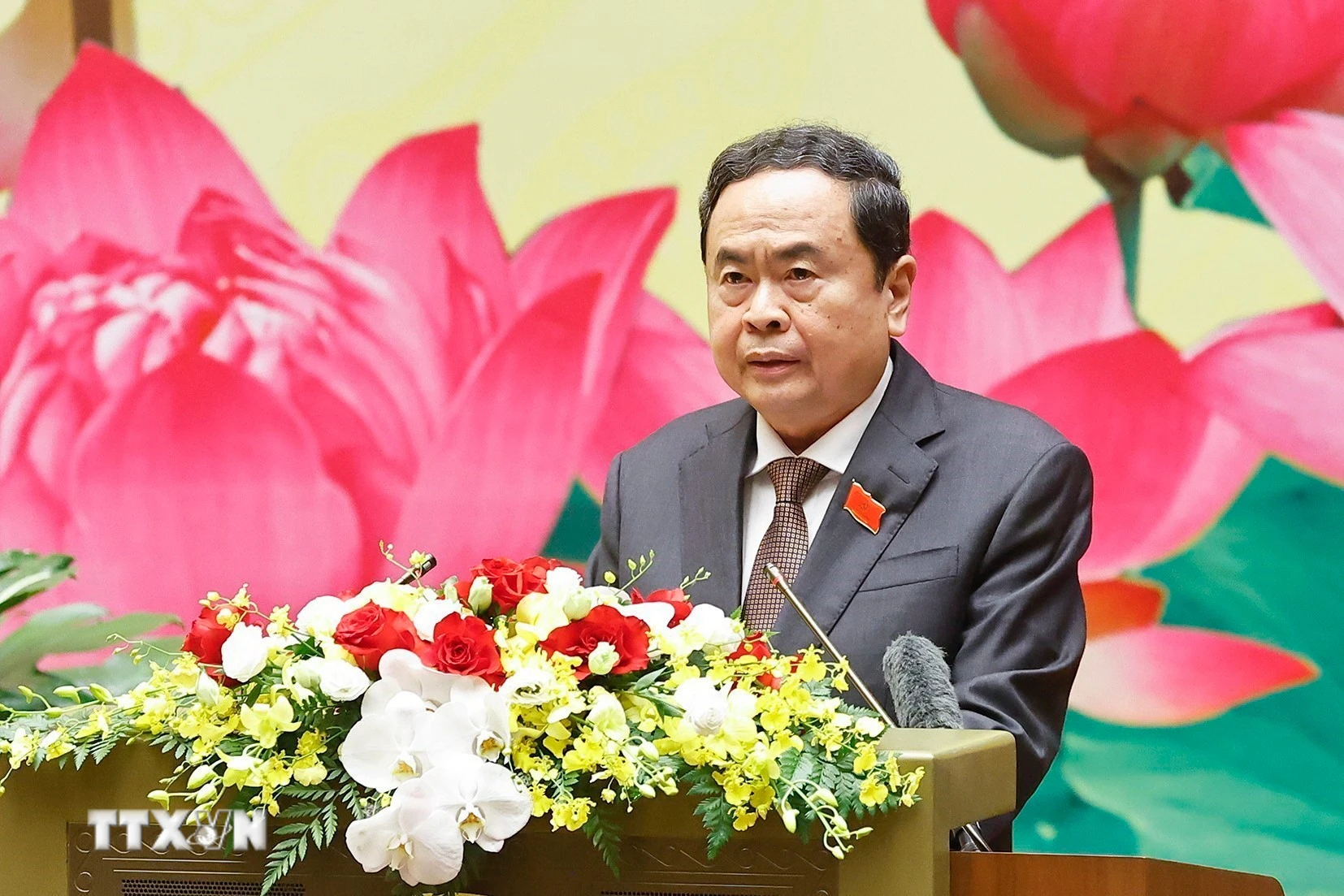 Ủy viên Bộ Chính trị, Bí thư Đảng ủy Quốc hội, Chủ tịch Quốc hội Trần Thanh Mẫn đọc Diễn văn khai mạc Đại hội. (Ảnh: Doãn Tấn/TTXVN)