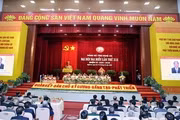 Các đại biểu biểu quyết thông qua Báo cáo thẩm tra tư cách đại biểu tại Đại hội đại biểu Đảng bộ tỉnh Nghệ An lần thứ XIX (2020). Ảnh: TTXVN
