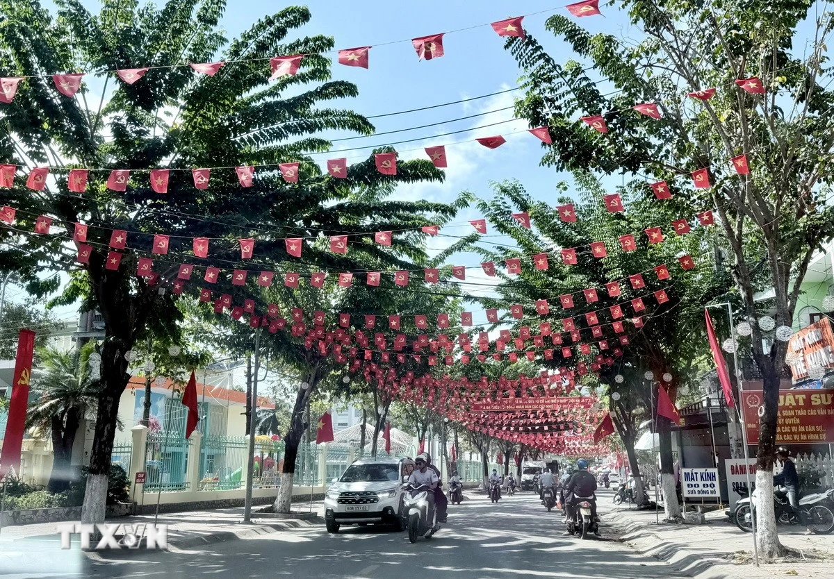 Cờ, băngrôn tuyên truyền dọc các tuyến đường trên địa bàn xã Tri Tôn, An Giang. (Ảnh: Thanh Sang/TTXVN)