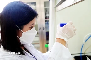 Tiến sỹ Trần Thị Kim Chi nghiên cứu tại phòng thí nghiệm của Viện Khoa học vật liệu. (Ảnh: Diệu Thúy/TTXVN)