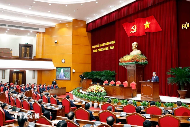 Tổng Bí thư Tô Lâm phát biểu bế mạc Hội nghị lần thứ 14 Ban Chấp hành Trung ương Đảng khóa XIII. (Ảnh: Thống Nhất/TTXVN)