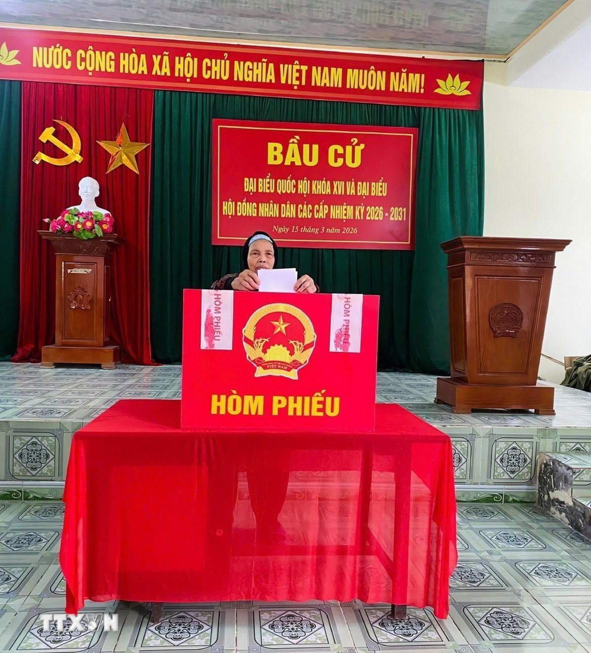 Cử tri cao tuổi xã Tân Minh tích cực tham gia đi bỏ phiếu. (Ảnh: TTXVN phát)