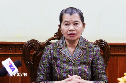 Samdech Kittisangha Bundit Men Sam An trả lời phỏng vấn phóng viên TTXVN về Đại hội XIV của Đảng Cộng sản Việt Nam. (Ảnh: Quang Anh/TTXVN)