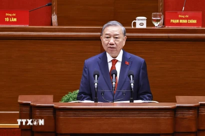 Tổng Bí thư Tô Lâm thay mặt Ban Chấp hành Trung ương Đảng khóa XIV phát biểu ý kiến. (Ảnh: TTXVN)