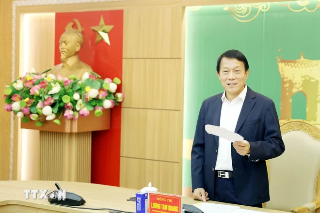 Đại tướng Lương Tam Quang, Ủy viên Bộ Chính trị, Bộ trưởng Bộ Công an, Trưởng Đoàn kiểm tra, giám sát phát biểu. (Ảnh: Thế Duyệt/TTXVN)