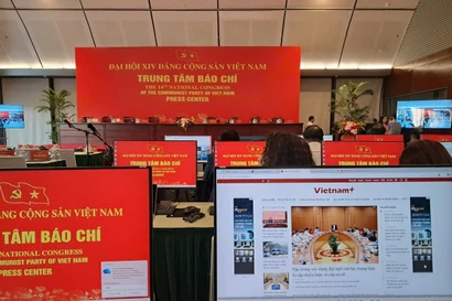 Trung tâm Báo chí và Họp báo quốc tế về Đại hội đại biểu toàn quốc lần thứ XIV của Đảng. (Ảnh: Hùng Võ/Vietnam+)