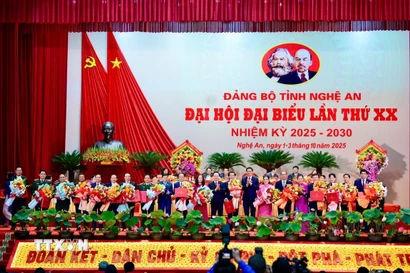 Thường trực Tỉnh ủy Nghệ An tặng hoa chia tay các đồng chí trong Ban chấp hành thôi nhiệm vụ. (Ảnh: Trịnh Duy Hưng/TTXVN)