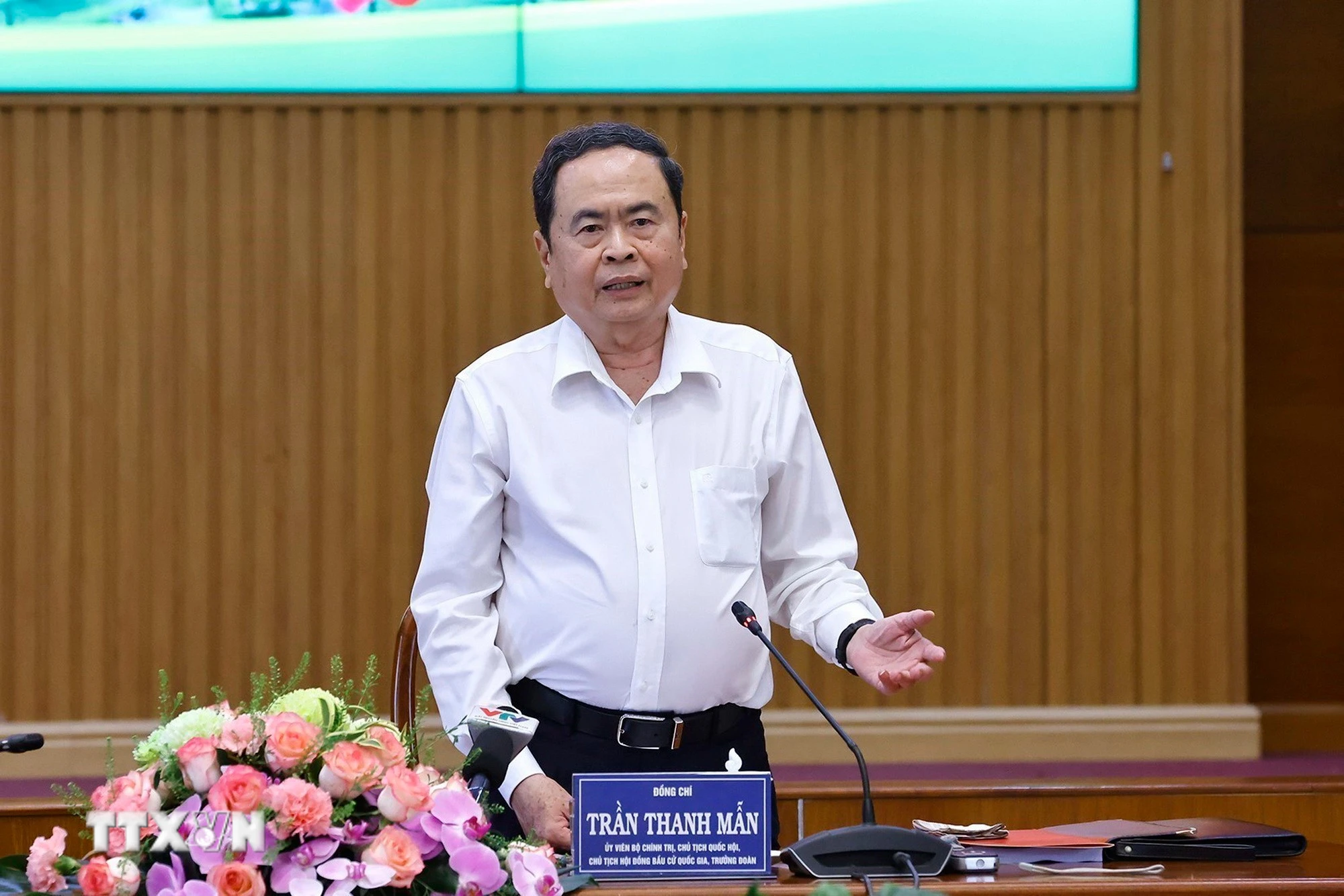 Chủ tịch Quốc hội Trần Thanh Mẫn phát biểu tại buổi làm việc với Ủy ban Bầu cử tỉnh Đồng Tháp. (Ảnh: Doãn Tấn/ TTXVN)