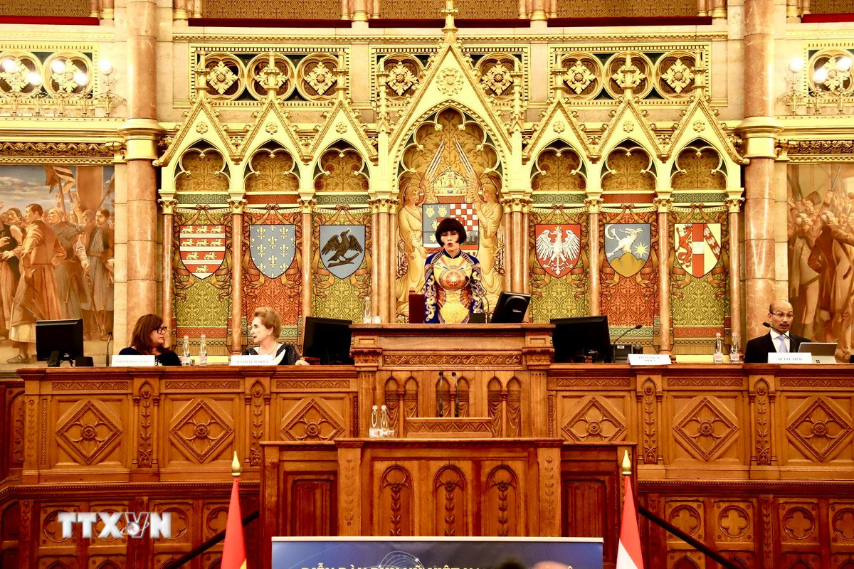 Chủ tịch Diễn đàn Phụ nữ Việt Nam tại châu Âu, Tiến sỹ Phan Bích Thiện phát biểu tại Diễn đàn "Định vị giá trị Việt ở nước ngoài trong kỷ nguyên số". (Ảnh: Phương Hoa/TTXVN)